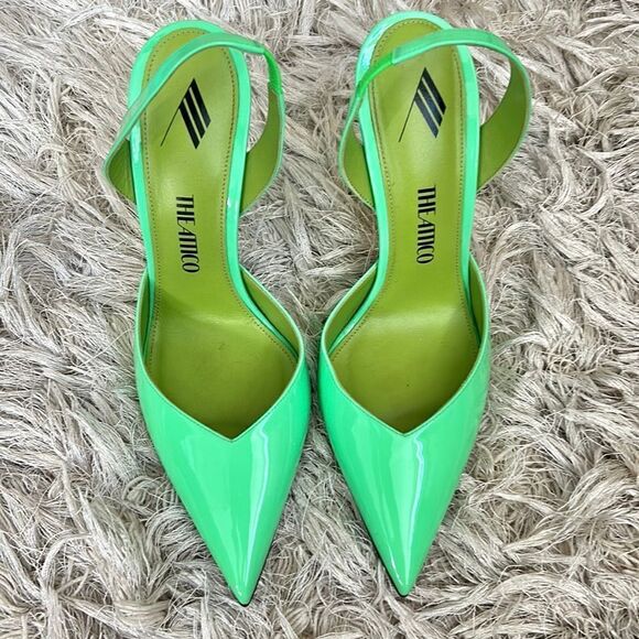 The Attico Lola Patent Leather Pointed Toe Slingback Pumps in Fluo Green Size 38 - Picture 7 of 15